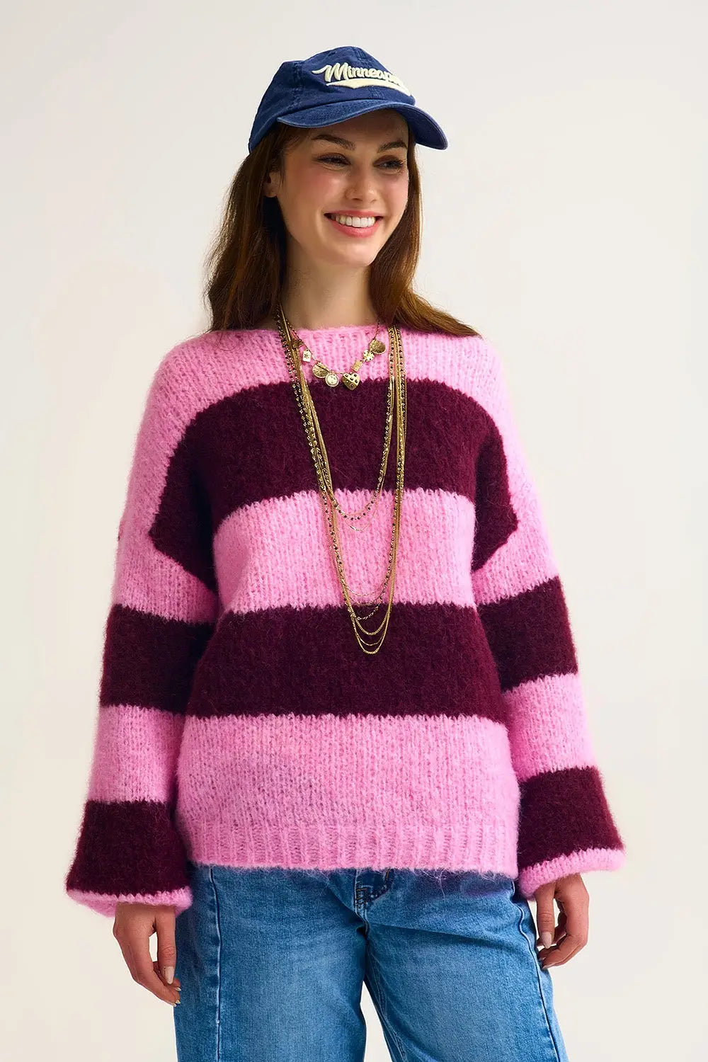 Q2 Pink Fluffy Striped Knit Sweater with Balloon Sleeves