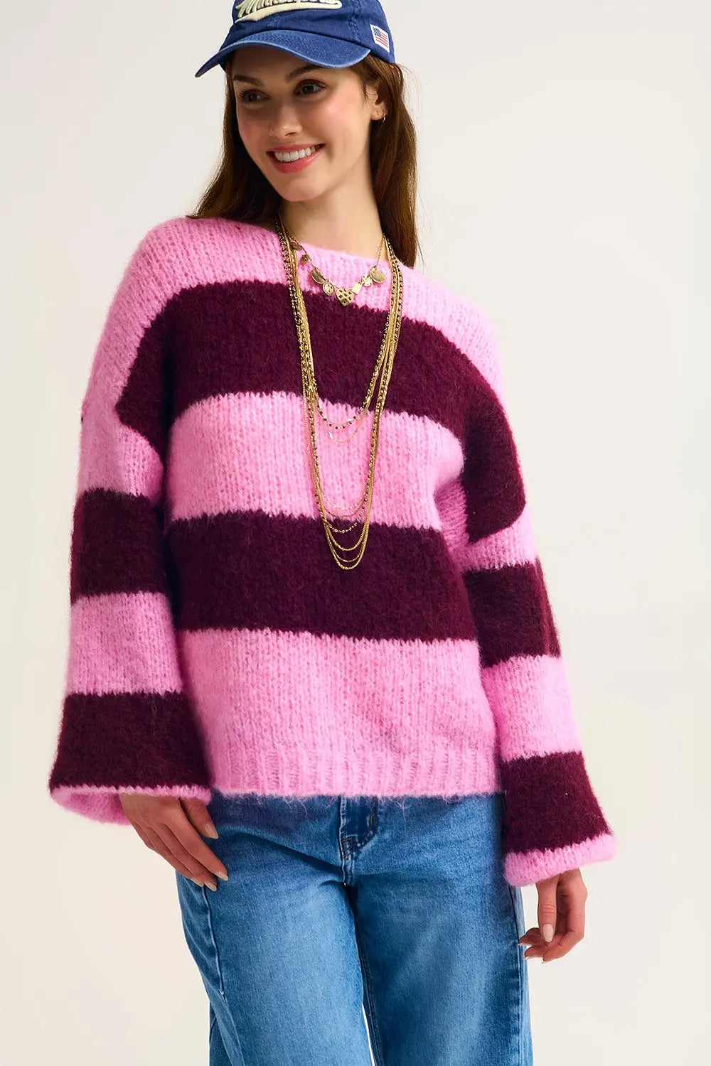Pink Fluffy Striped Knit Sweater with Balloon Sleeves - One Size / Pink - Sweaters