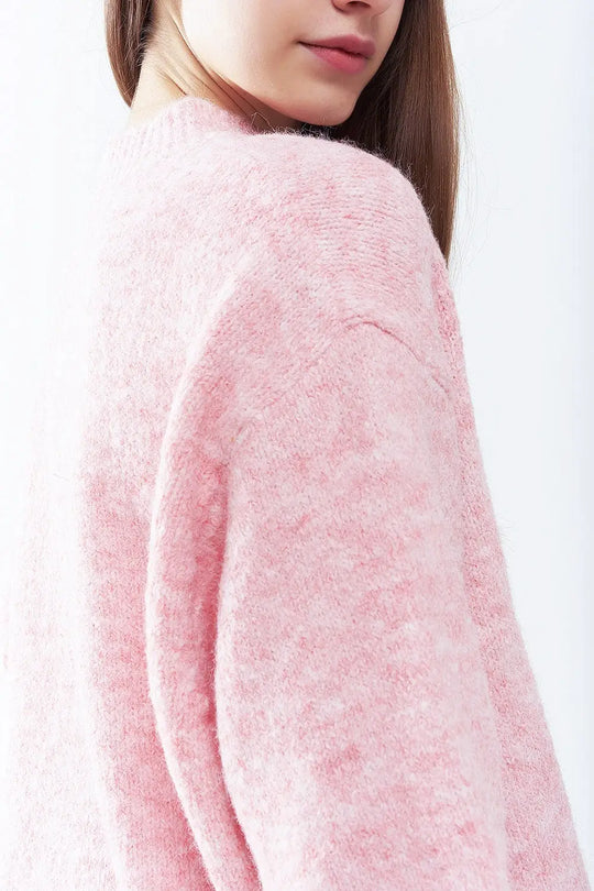 Pink Fluffy sweater with three-quarter sleeves and round neck - Sweaters