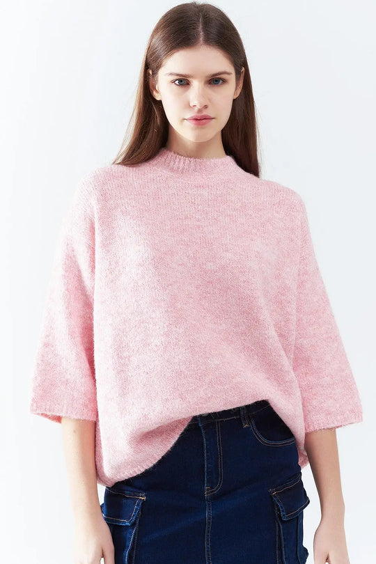 Pink Fluffy sweater with three-quarter sleeves and round neck - Sweaters