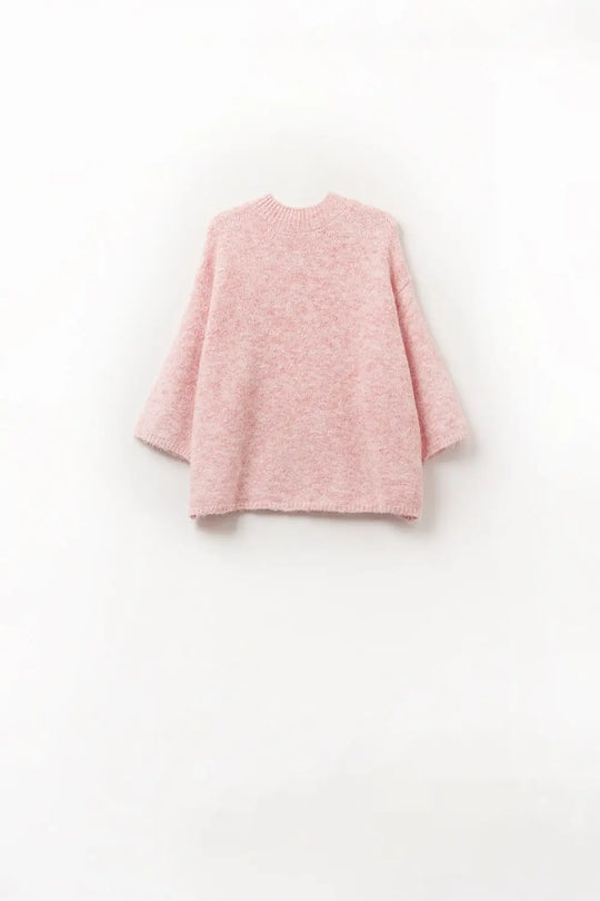 Pink Fluffy sweater with three-quarter sleeves and round neck - Sweaters