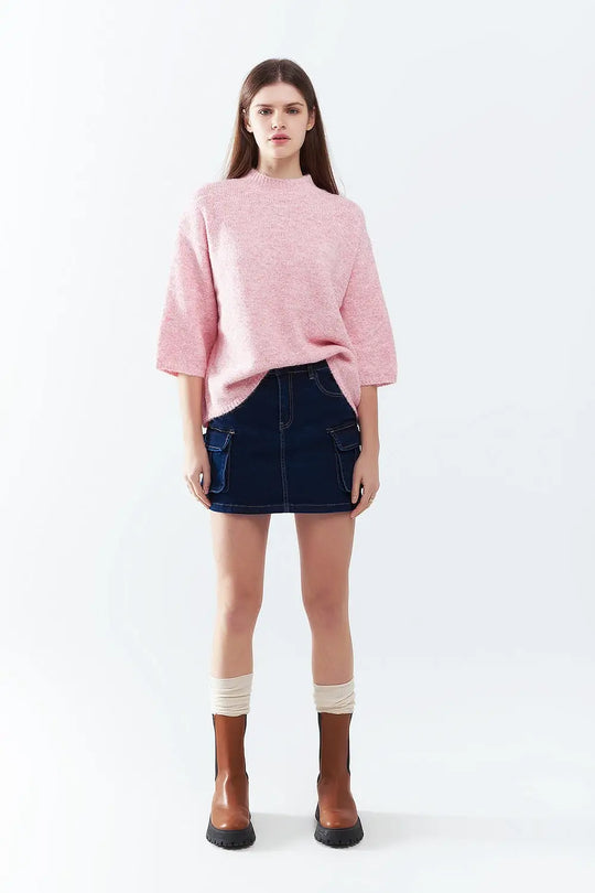 Pink Fluffy sweater with three-quarter sleeves and round neck - Sweaters