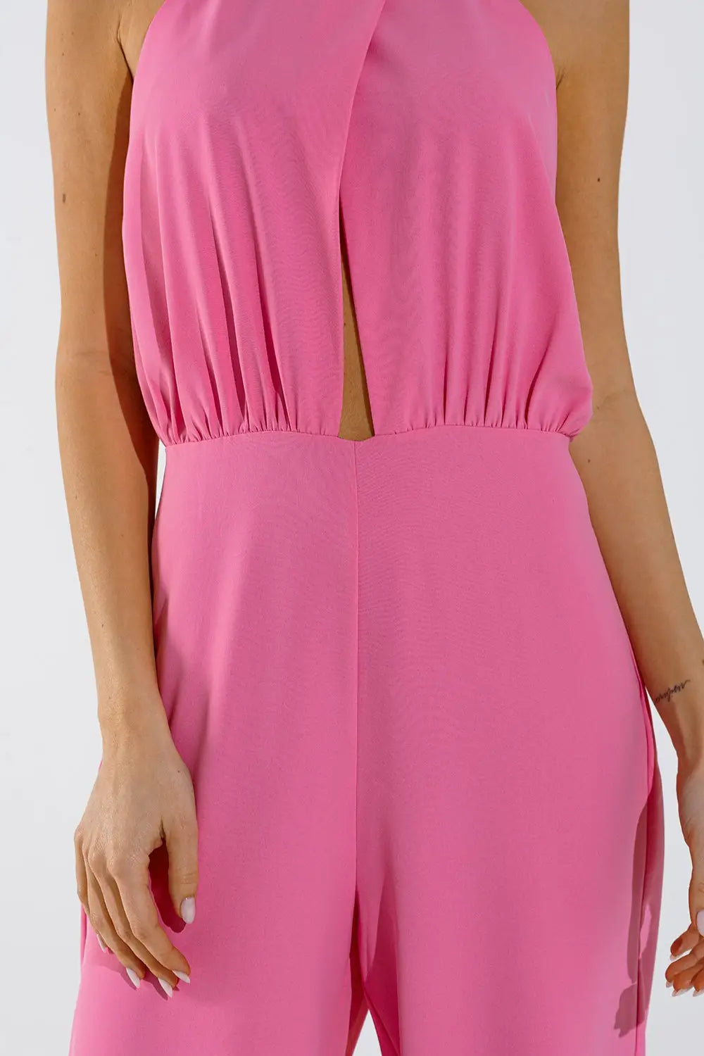 Pink jumpuit with top crossed and high collar - Dresses