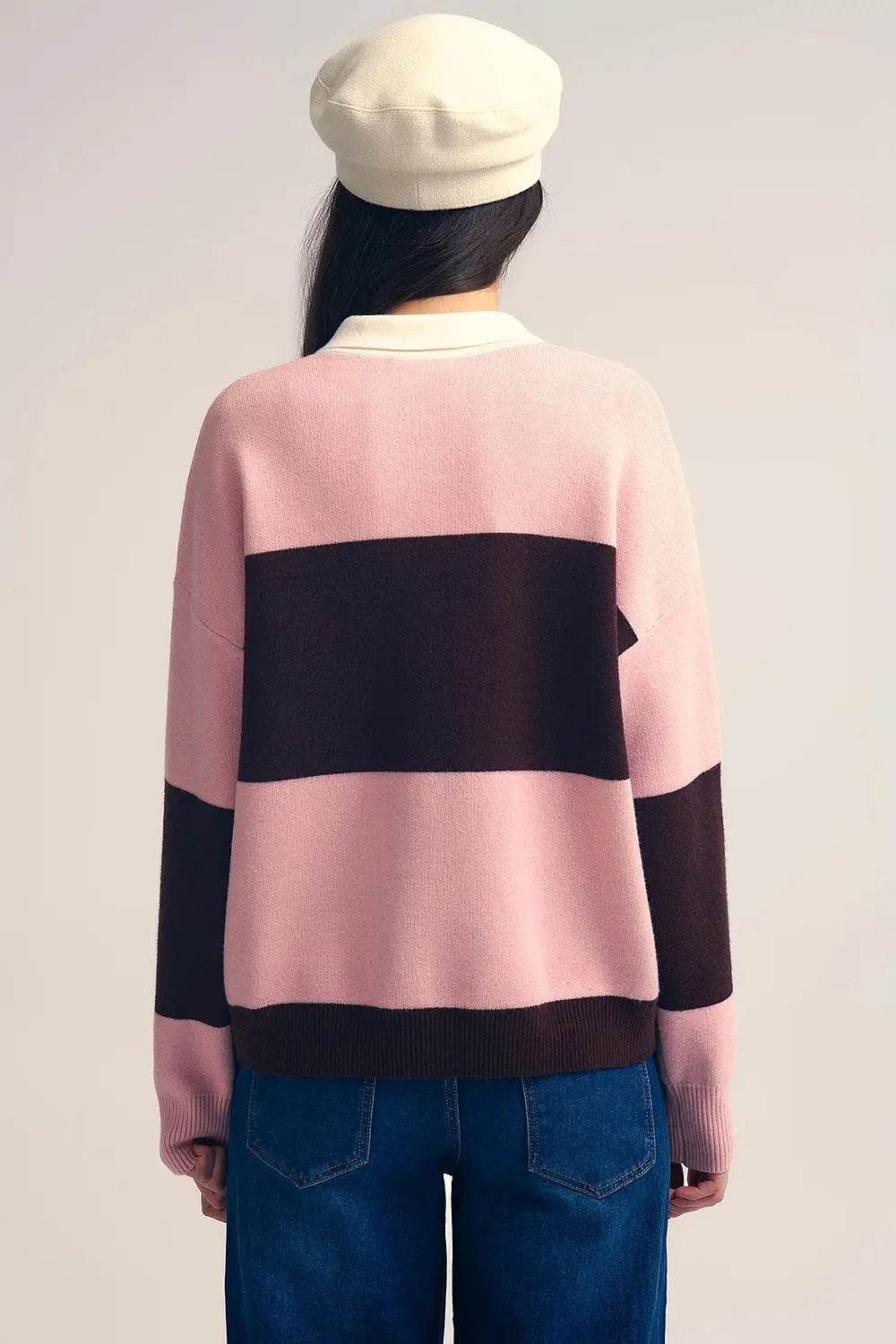 Pink Knit Polo Sweater with Brown Stripes - One Size / Pink - Sweaters