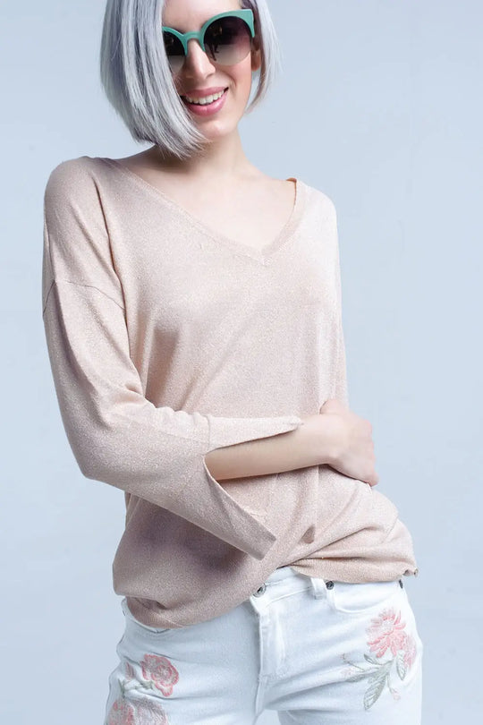 Pink knit sweater with gold lurex detail - Sweaters