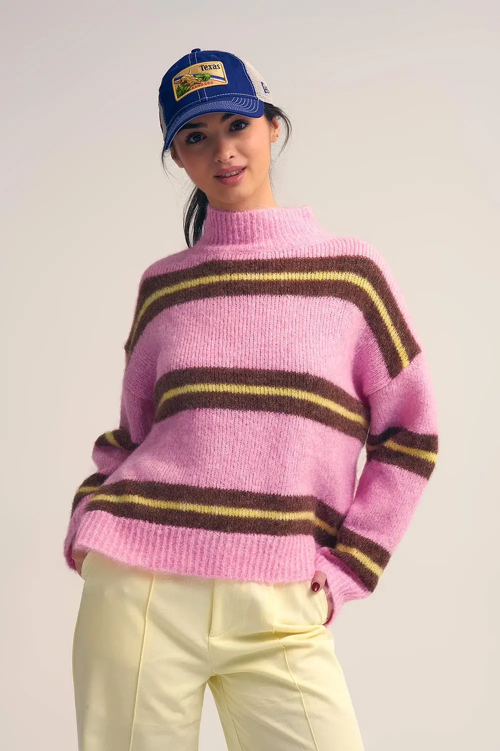 Q2 Pink Knitted Sweater with Brown and Yellow Stripes