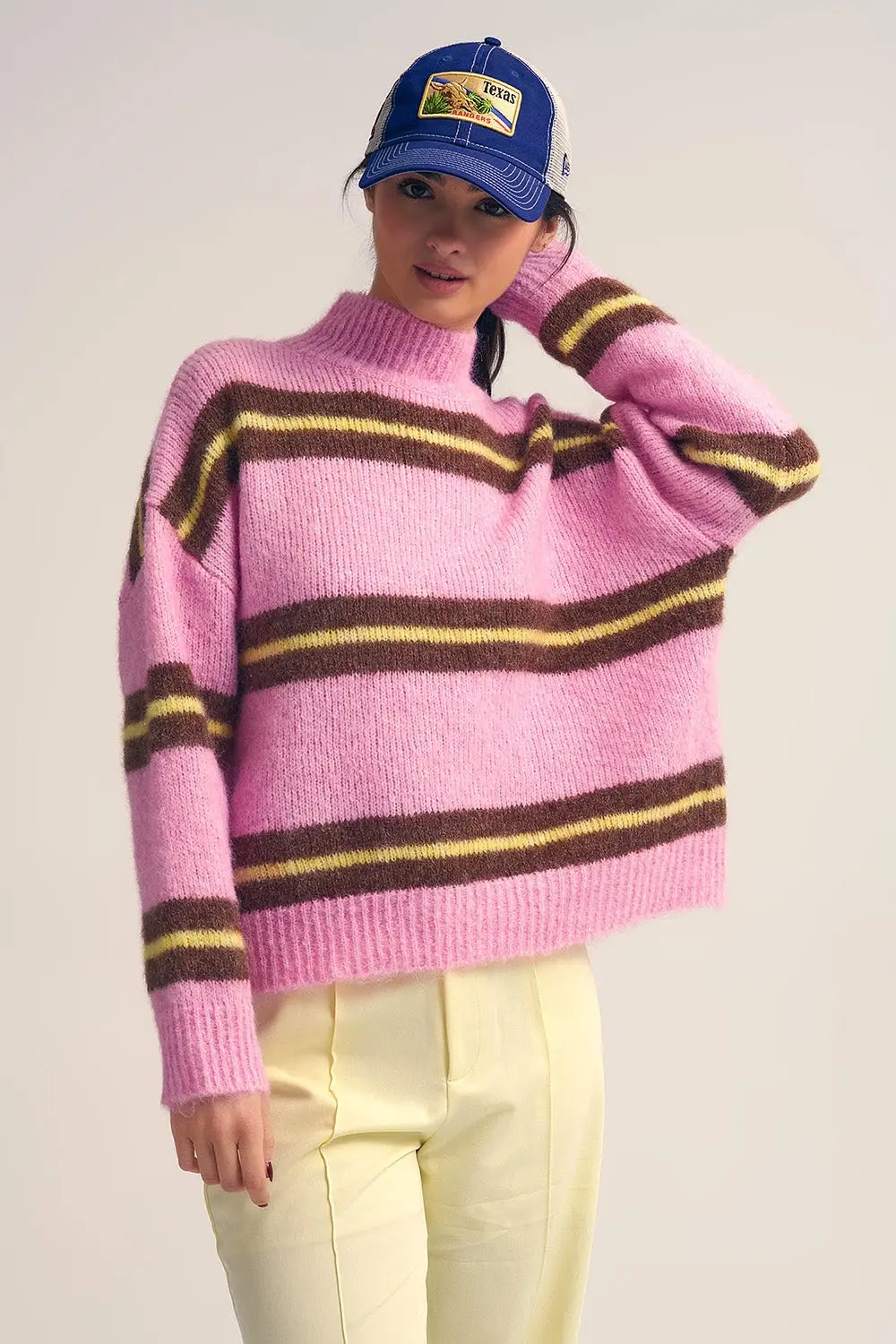 Pink Knitted Sweater with Brown and Yellow Stripes - One Size / Pink - Sweaters