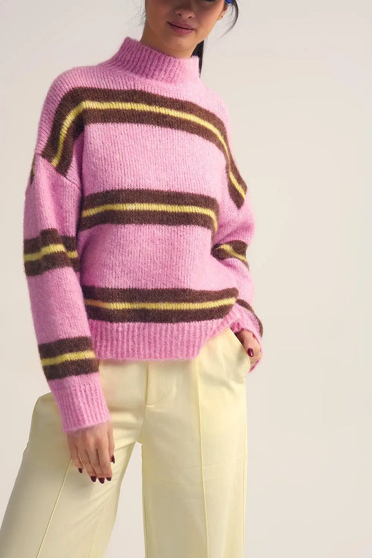 Pink Knitted Sweater with Brown and Yellow Stripes - One Size / Pink - Sweaters