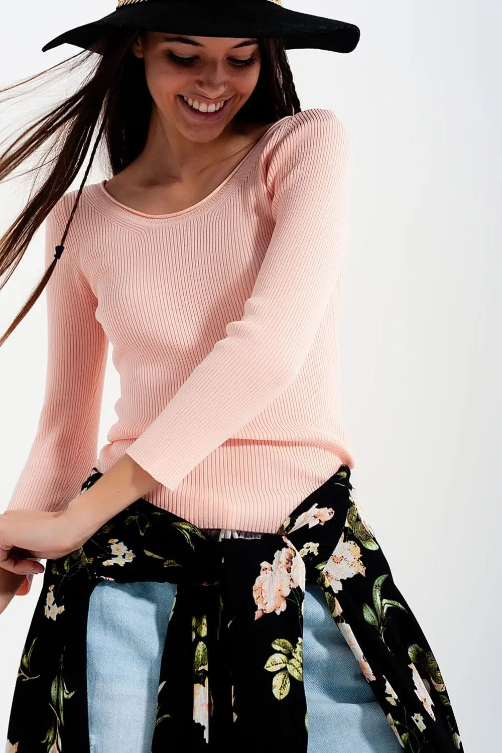 Pink knitted wide neck sweater - Sweaters