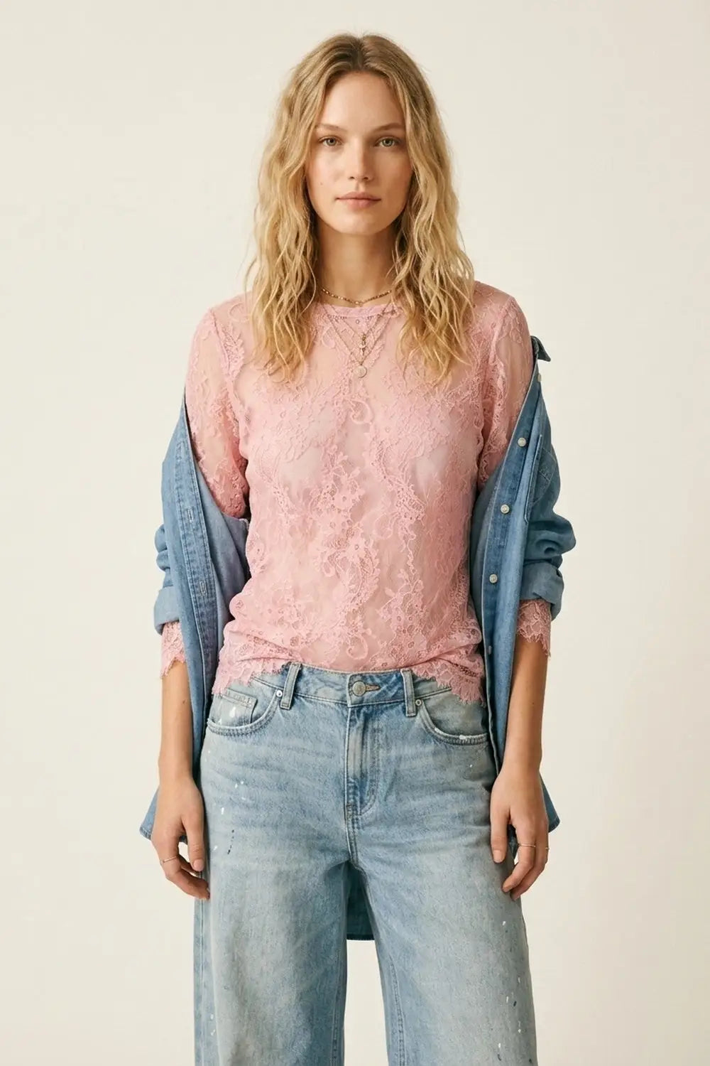 Q2 Pink Lace Long Sleeve Sheer Top with Floral Detail