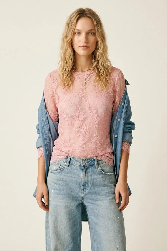Q2 Pink Lace Long Sleeve Sheer Top with Floral Detail