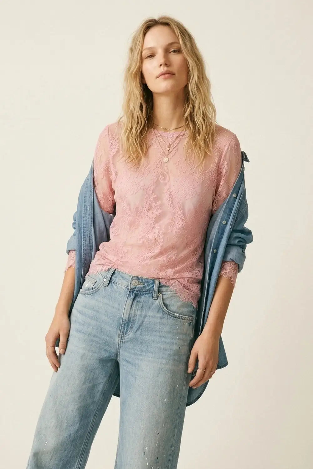Pink Lace Long Sleeve Sheer Top with Floral Detail - One Size / Pink