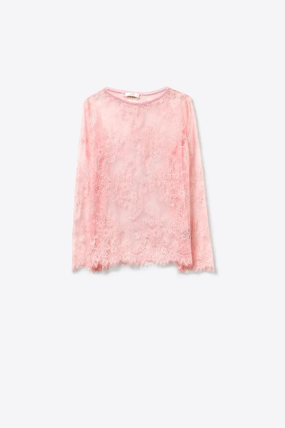 Pink Lace Long Sleeve Sheer Top with Floral Detail - One Size / Pink