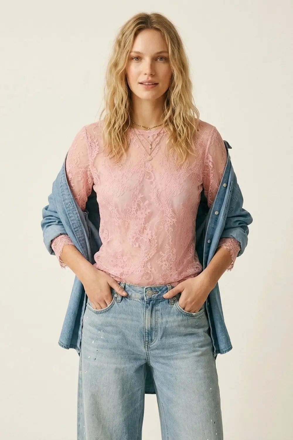 Pink Lace Long Sleeve Sheer Top with Floral Detail - One Size / Pink