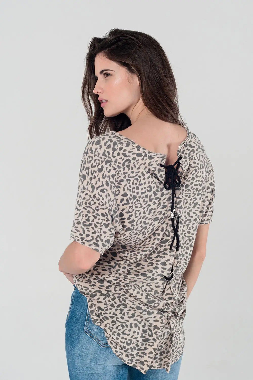 Pink leopard oversized t-shirt with lace up back detail - Shirts