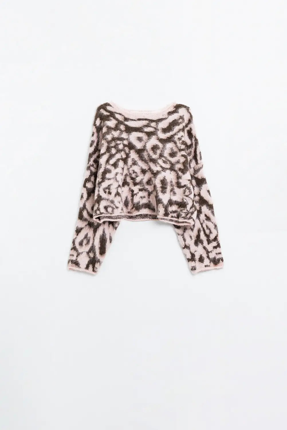 Pink Leopard print sweater made of wool knitted - One Size / Pink - Sweaters