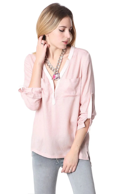 Pink long sleeve deep V neck blouse - Shirts