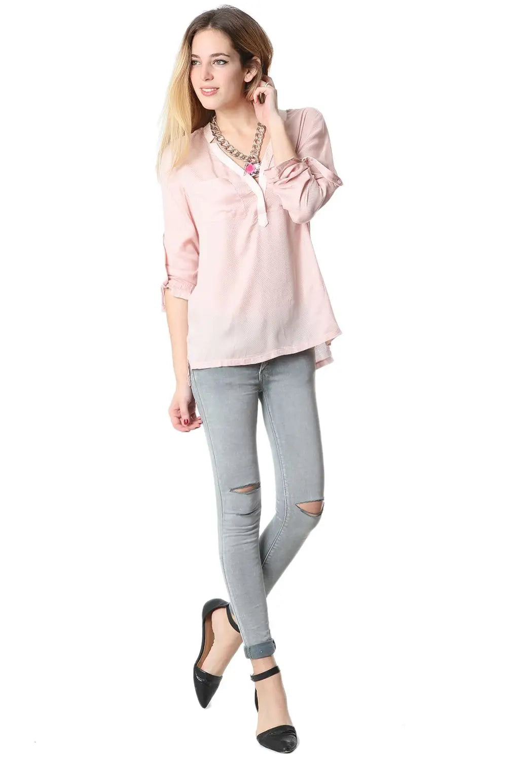 Pink long sleeve deep V neck blouse - Shirts