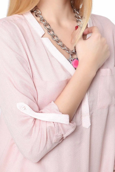 Pink long sleeve deep V neck blouse - Shirts
