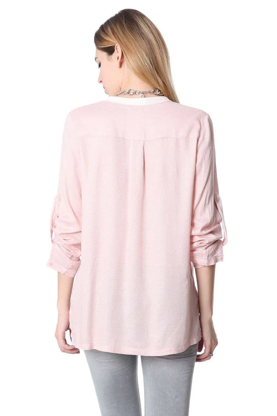 Pink long sleeve deep V neck blouse - Shirts