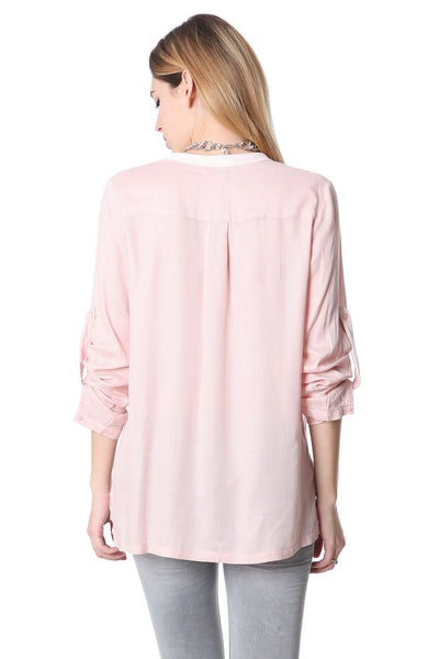 Pink long sleeve deep V neck blouse