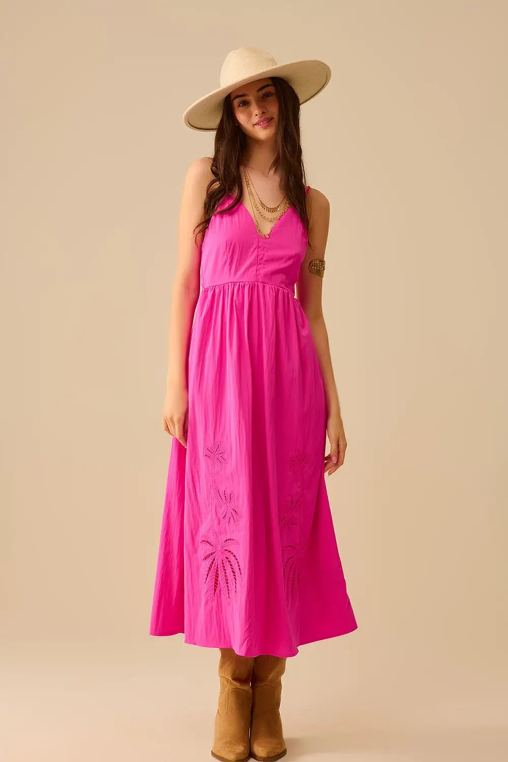 Q2 Fucshia maxi dress with embroidered palms