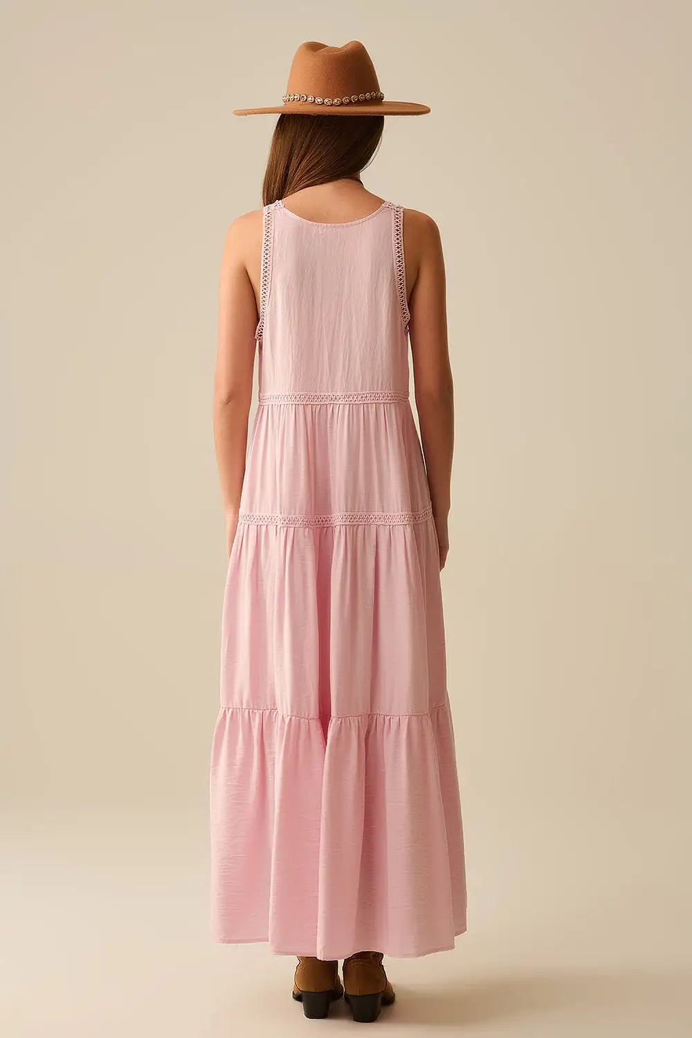 Pink Maxi Dress With Lace Details and boho style - Dresses