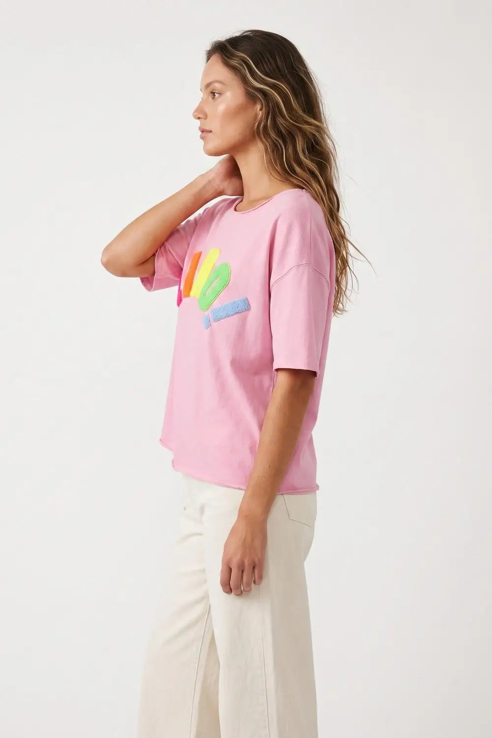Pink Oversize Cotton sweatshirt with Colorful Applique - One Size / Pink - Sweaters
