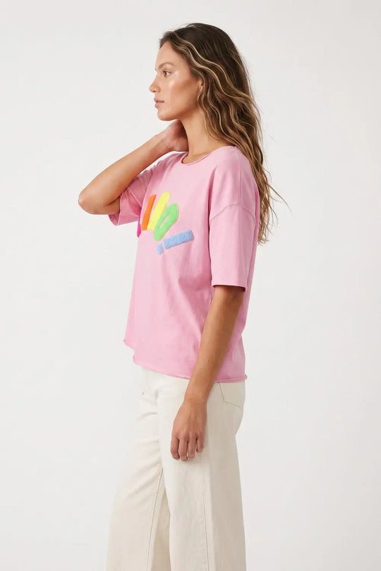 Pink Oversize Cotton sweatshirt with Colorful Applique - One Size / Pink - Sweaters
