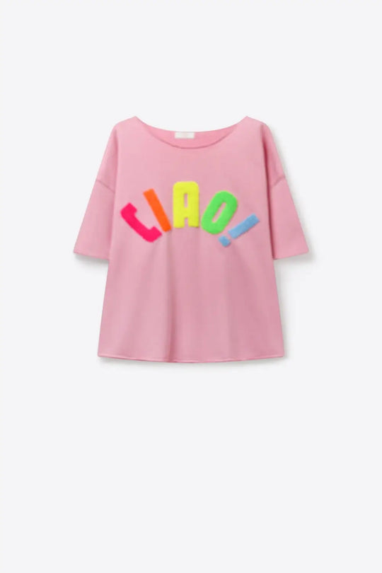 Pink Oversize Cotton sweatshirt with Colorful Applique - One Size / Pink - Sweaters