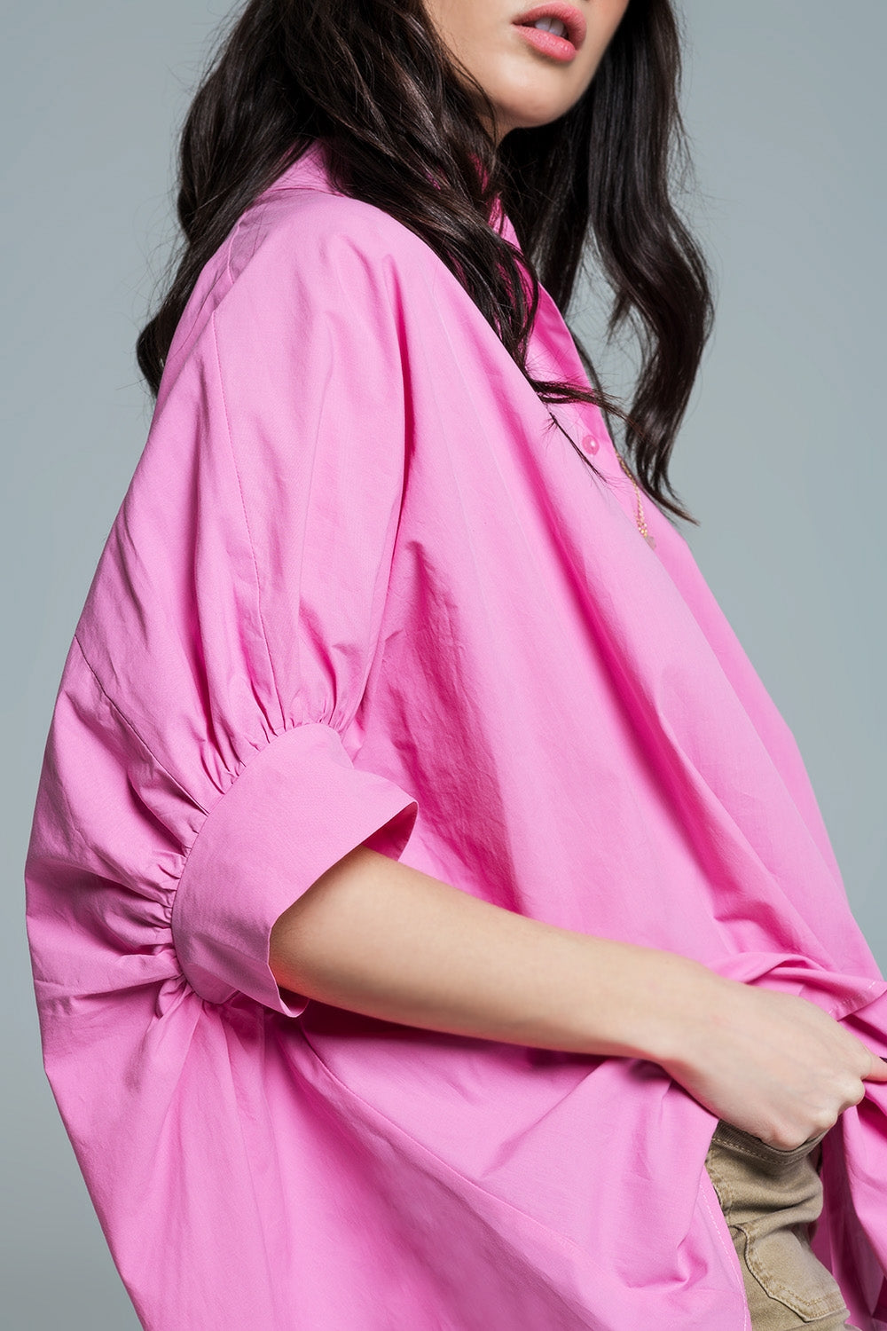 Pink oversized blouse with short sleeves