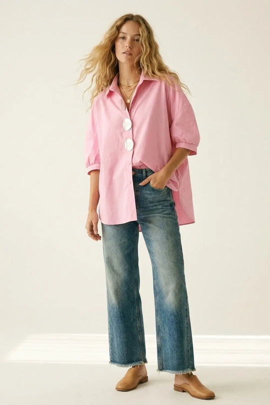 Pink Oversized silver Button-Front Shirt in poplin - One Size / Pink - Shirts
