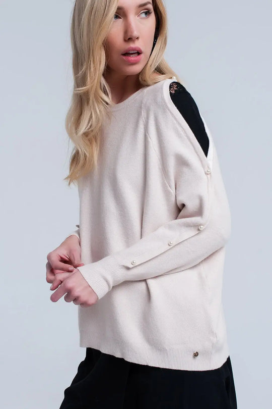 Pink pale knitted sweater with pearl detail - Sweaters