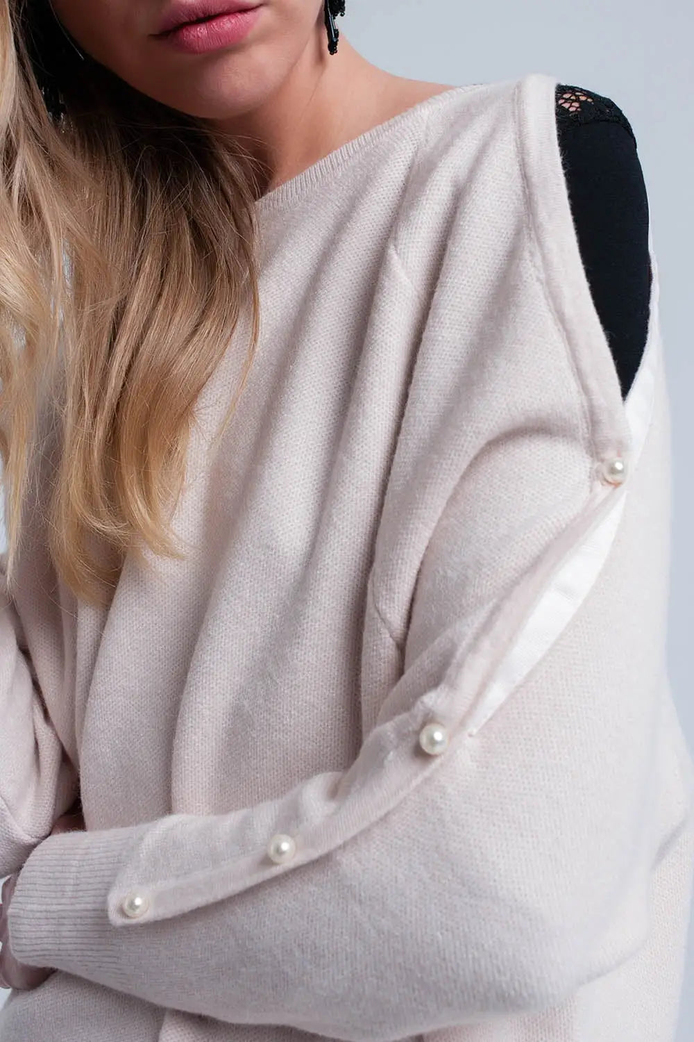 Pink pale knitted sweater with pearl detail - Sweaters
