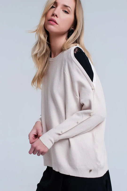 Pink pale knitted sweater with pearl detail - Sweaters