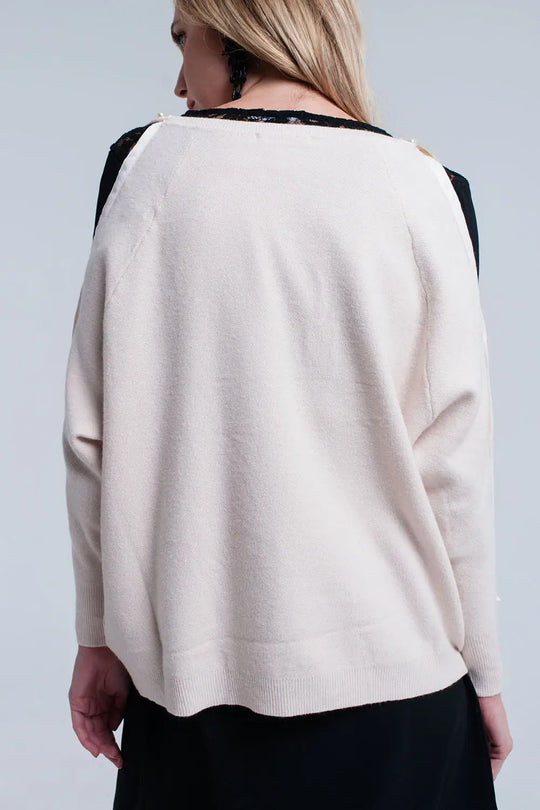 Pink pale knitted sweater with pearl detail - Sweaters