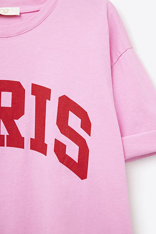 Pink Paris Relaxed T-shirt with Red Letters - One Size / Fuchsia - Tops