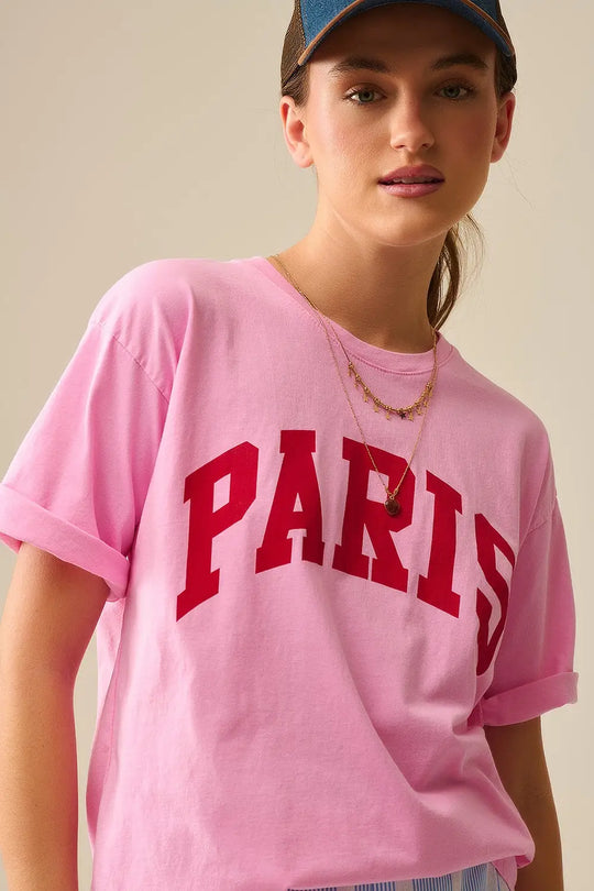 Pink Paris Relaxed T-shirt with Red Letters - One Size / Fuchsia - Tops