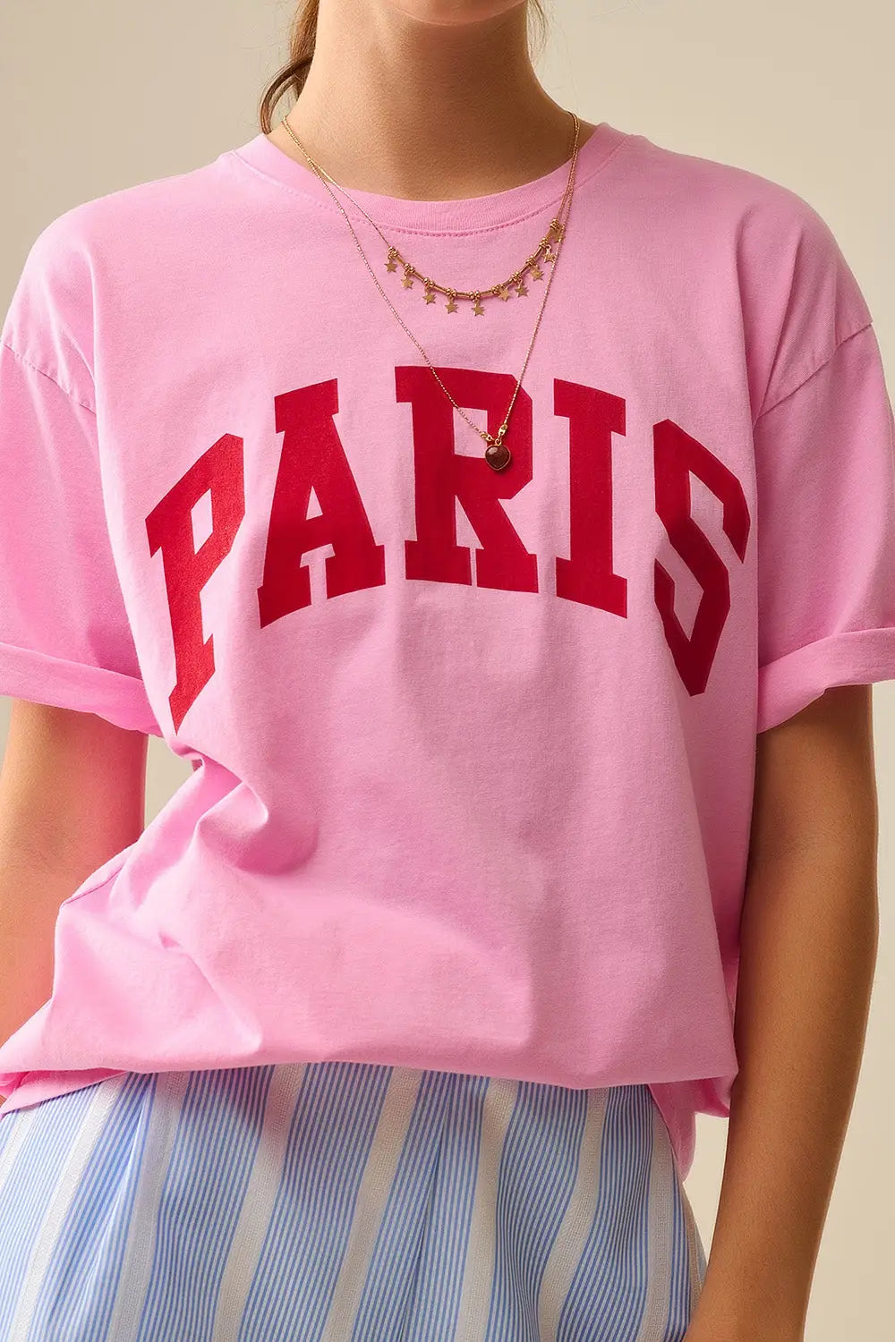 Pink Paris Relaxed T-shirt with Red Letters - One Size / Fuchsia - Tops