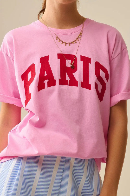 Pink Paris Relaxed T-shirt with Red Letters - One Size / Fuchsia - Tops