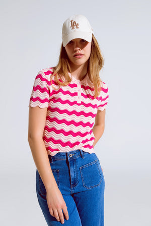 Q2 Pink polo with fuchsia wavy stripes