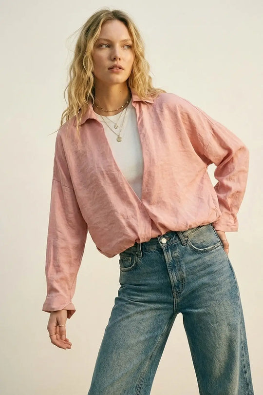 Q2 Pink Relaxed Fit Lightweight Textured Shirt and white t-shirt inside