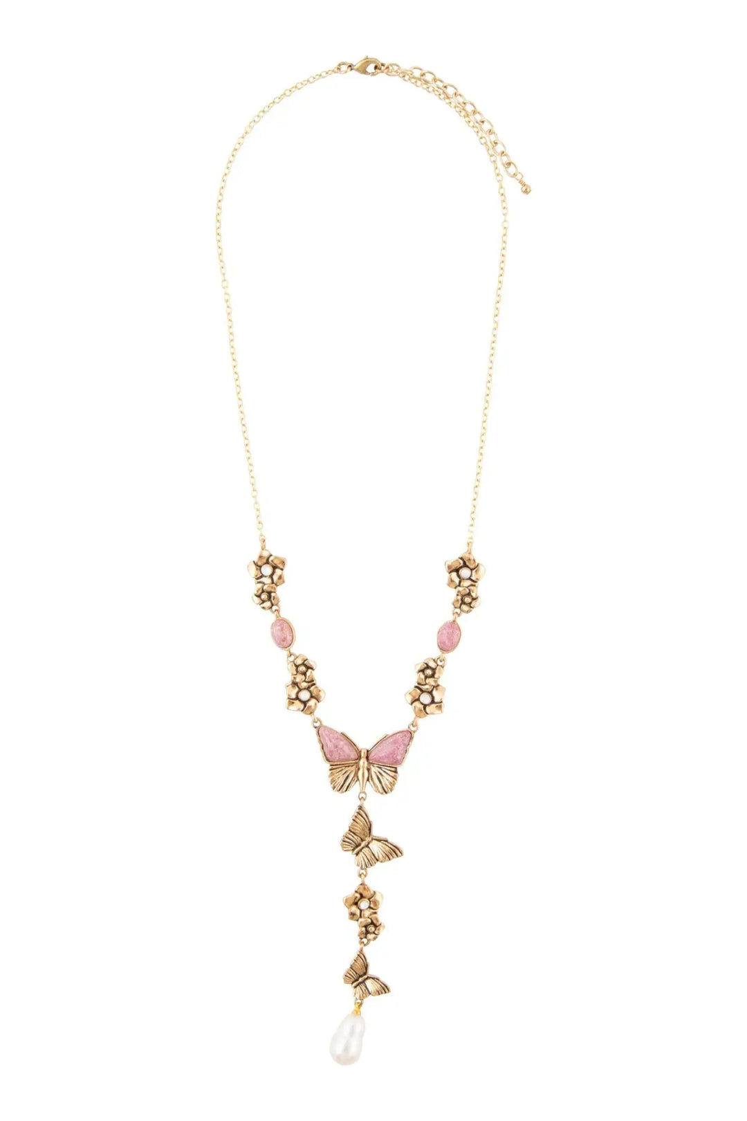 Pink Rhodonite and White Pearl Golden Butterflies Y Necklace - Necklaces