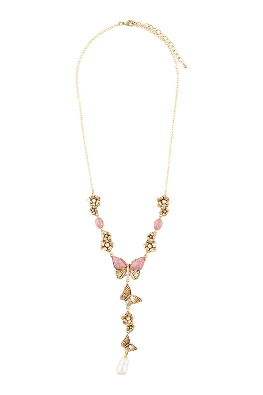 Pink Rhodonite and White Pearl Golden Butterflies Y Necklace - Necklaces