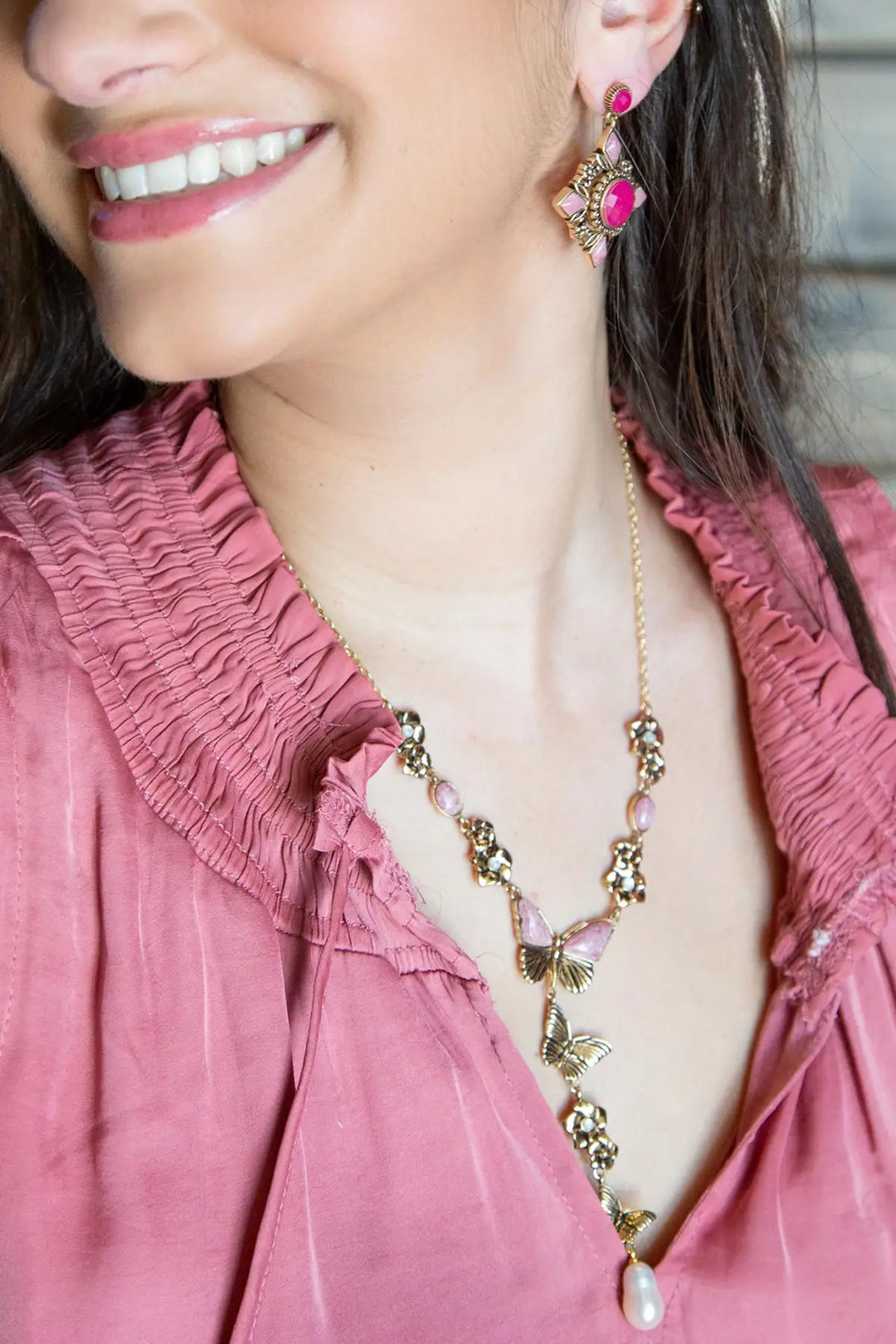 Pink Rhodonite and White Pearl Golden Butterflies Y Necklace - Necklaces