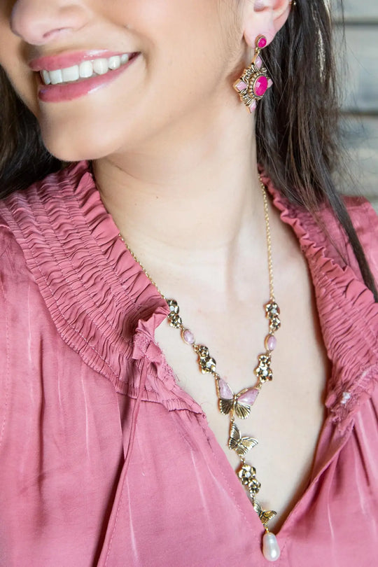 Pink Rhodonite and White Pearl Golden Butterflies Y Necklace - Necklaces