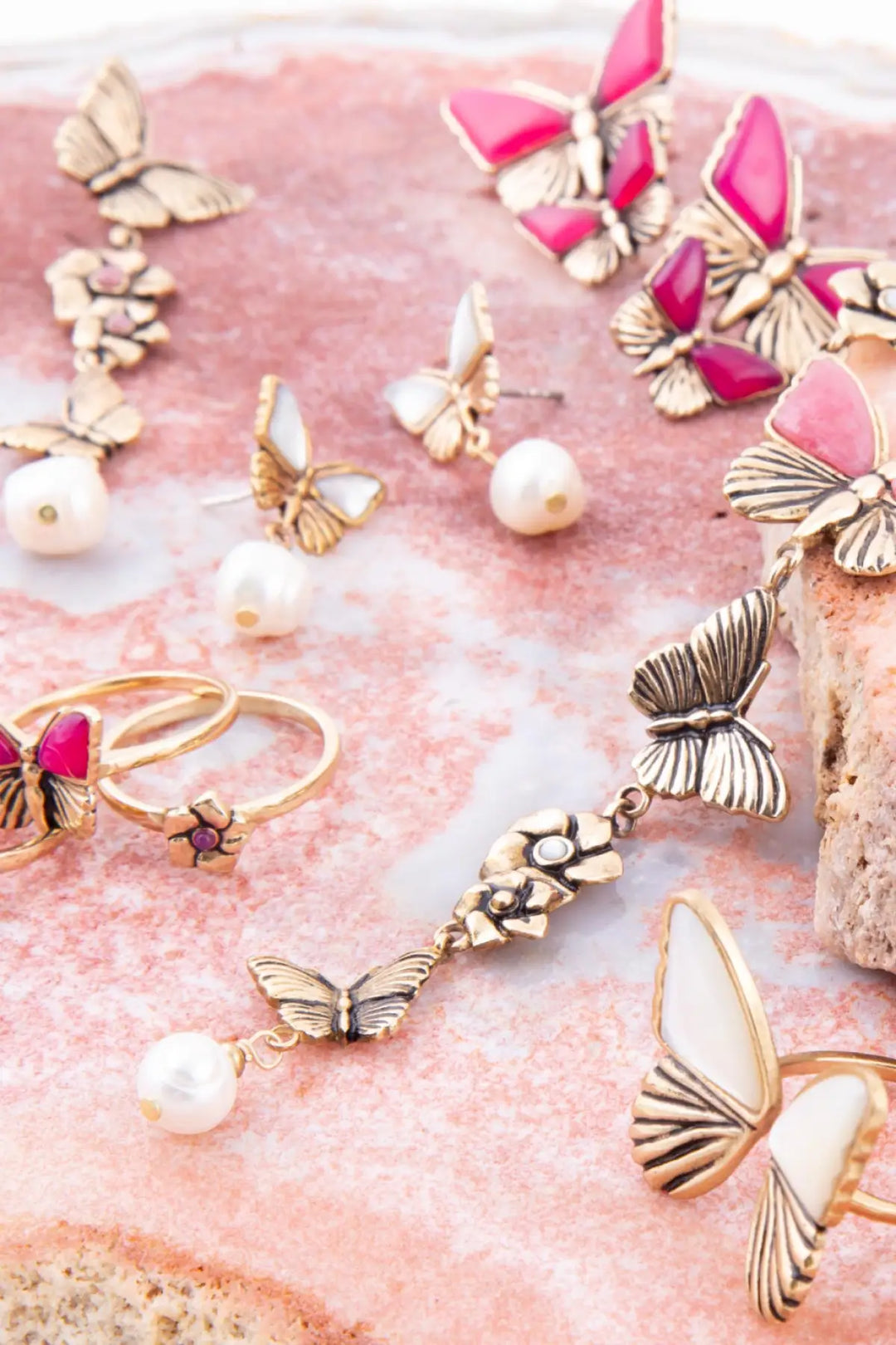 Pink Rhodonite and White Pearl Golden Butterflies Y Necklace - Necklaces