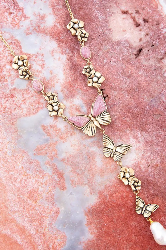 Pink Rhodonite and White Pearl Golden Butterflies Y Necklace - Necklaces