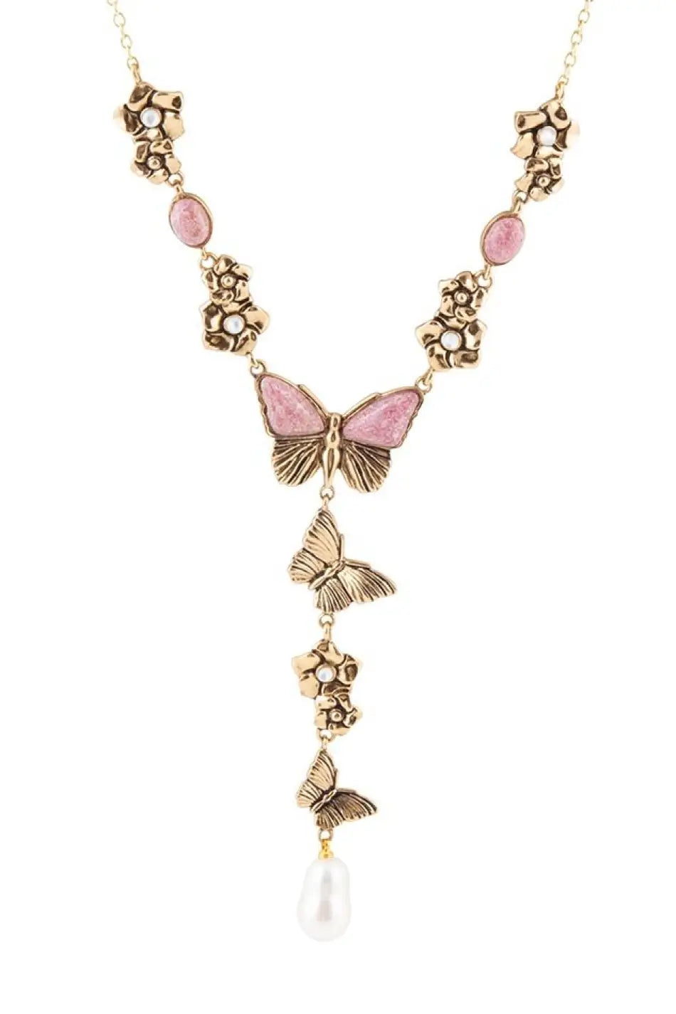 Pink Rhodonite and White Pearl Golden Butterflies Y Necklace - Necklaces