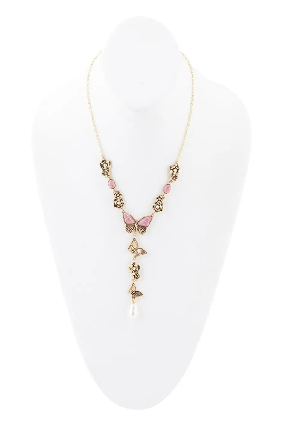 Pink Rhodonite and White Pearl Golden Butterflies Y Necklace - Necklaces